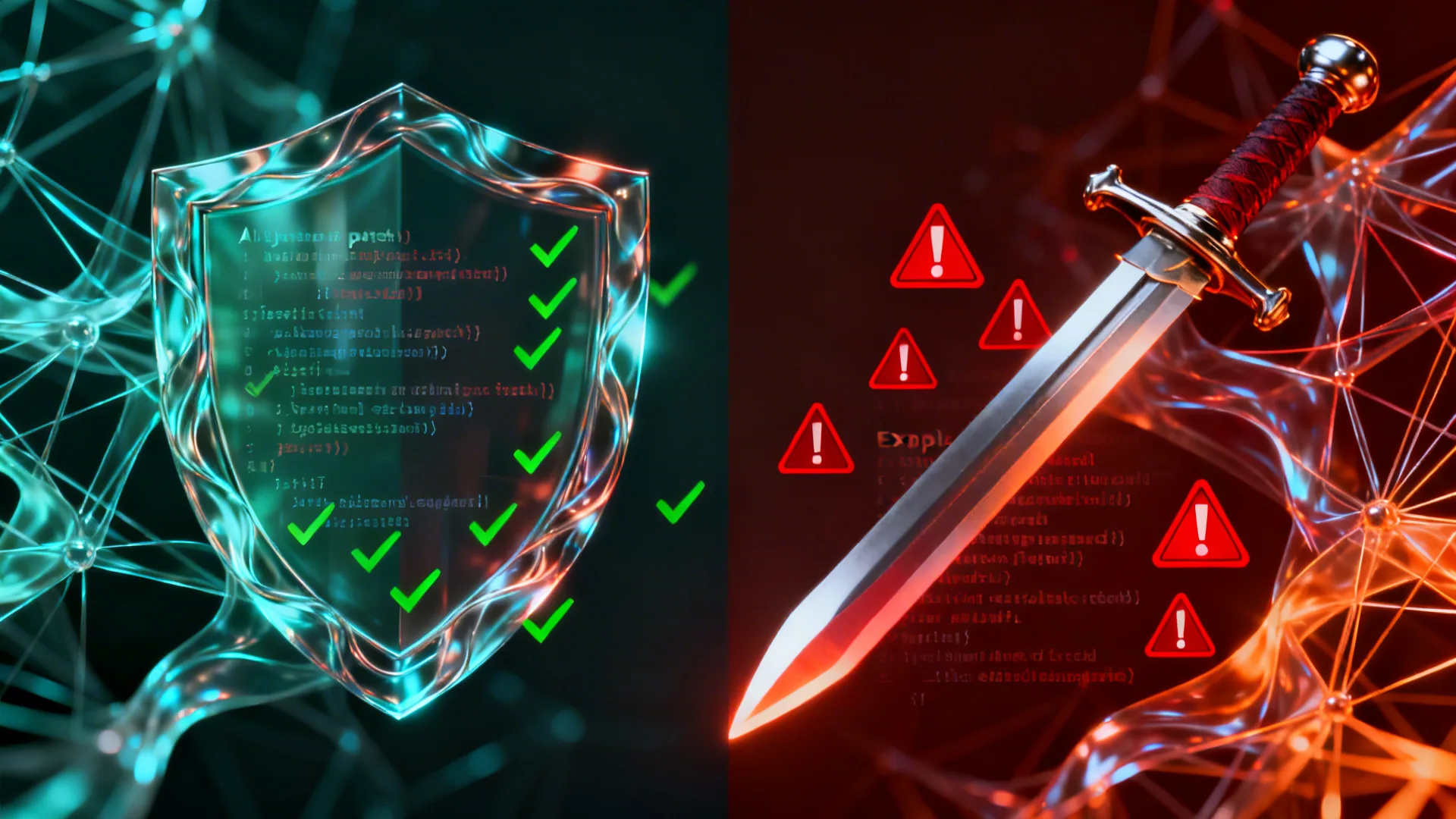 AI 보안 연구가 가져올 방어와 공격 양면의 영향을 상징하는 장면