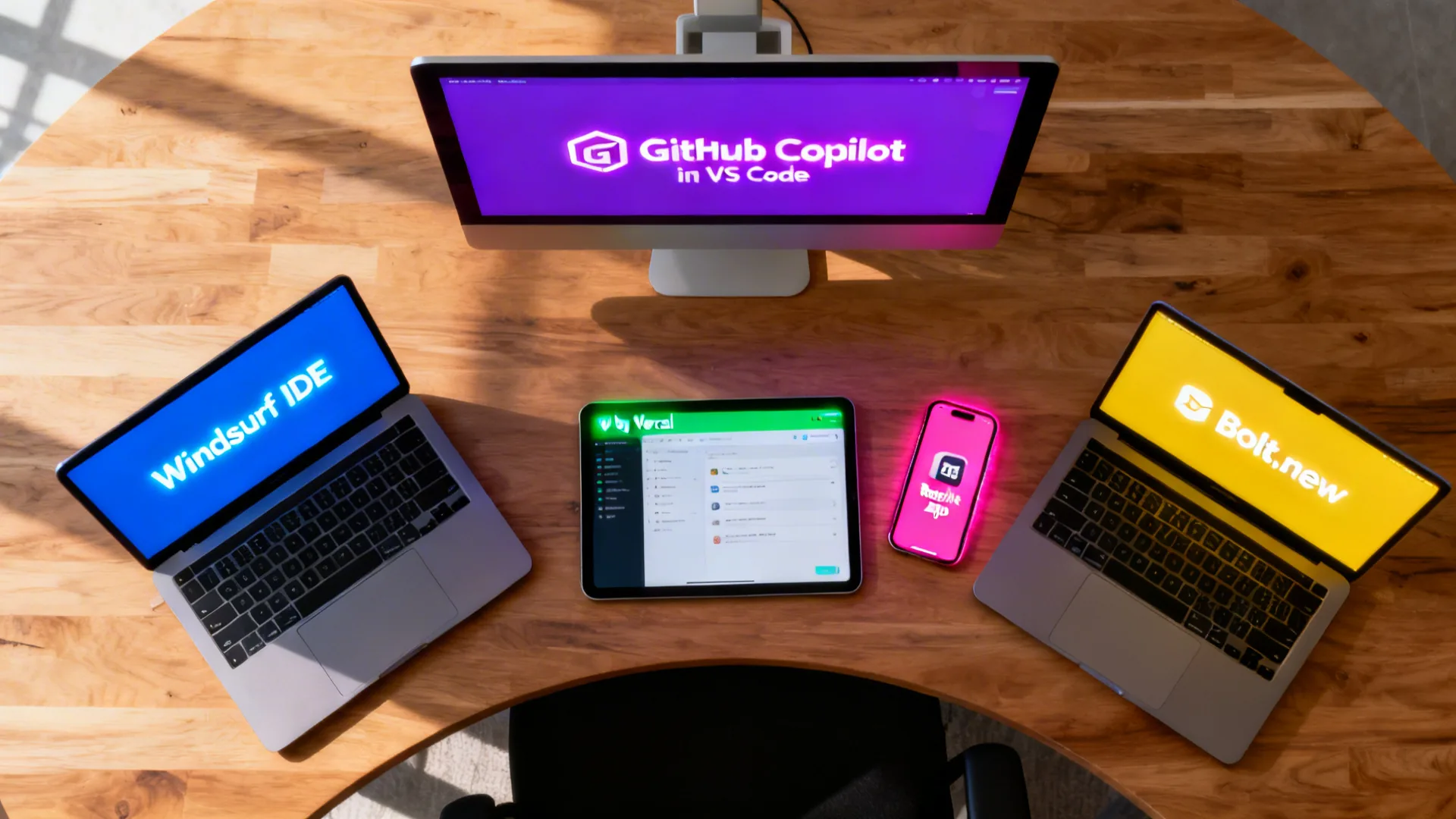 여러 AI 코딩 도구 로고가 배치된 개발자 데스크 위 풍경